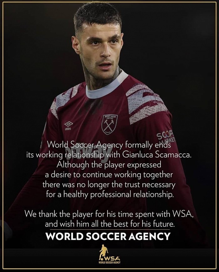 World Soccer Agency announce they’ve decided to part ways with West Ham striker Gianluca Scamacca 🚨⚒️🇮🇹#WHUFC  Statement reports that “there was no longer the trust necessary for a healthy professional relationship” ⤵️